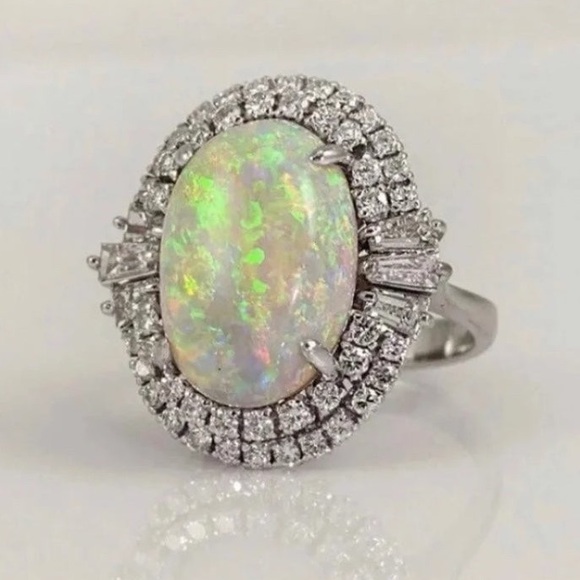 14K White Gold Ring Opal 5CT Halo Diamond Oval Baguette Wedding Engagement - Picture 3 of 11